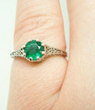 Art Deco 18k White Gold .48ct Genuine Natural Emerald Filigree Ring (#J901)