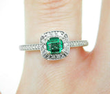 14k White Gold .31ct Genuine Natural Emerald and Diamond Halo Ring (#J5107)