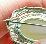 14k White Gold Filigree Art Deco Jade Pin with Pearls (#J1029)