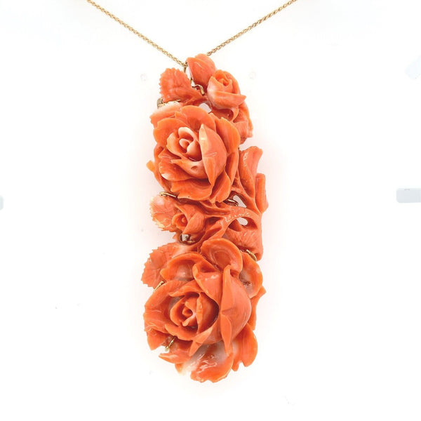 14k Yellow Gold XL Carved Genuine Natural Coral Pin Pendant Flowers (#J6178)