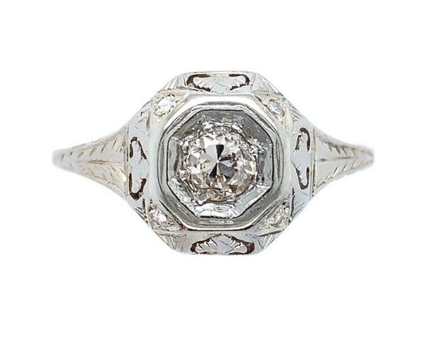 18k White Gold Art Deco Filigree .35ct TW Genuine Natural Diamond Ring (#J5945)