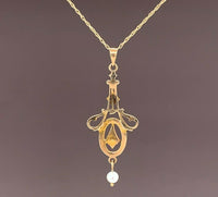 10k Yellow Gold Seed Pearls and Black Enamel Lavaliere Pendant (#J4956)