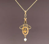 10k Yellow Gold Seed Pearls and Black Enamel Lavaliere Pendant (#J4956)