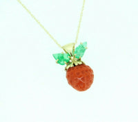14k Yellow Gold Coral Strawberry Pendant Carved Emerald Leaves (#J4444)