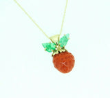14k Yellow Gold Coral Strawberry Pendant Carved Emerald Leaves (#J4444)
