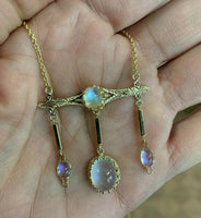 Victorian 14k Yellow Gold Blue Genuine Natural Moonstone Drop Necklace (#J5278)