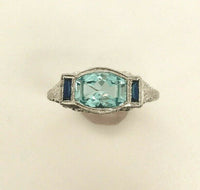 18k White Gold Aquamarine and Synthetic Sapphire Filigree Deco Ring (#5284)