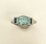 18k White Gold Aquamarine and Synthetic Sapphire Filigree Deco Ring (#5284)
