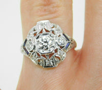 Art Deco Platinum Filigree .53ct Diamond Ring w/ Synthetic Sapphires (#J4540)