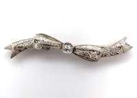 14k White Gold with Platinum Filigree Bow Genuine Natural Diamond Pin (#J5910)