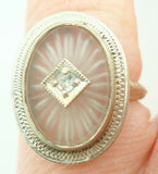 14k Gold Art Deco Filigree Genuine Natural Rock Crystal Ring w/Diamond (#J2861)