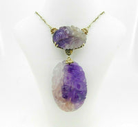 14K Gold Art Deco Carved Genuine Natural Amethyst Necklace (#J4516)