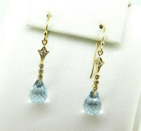 14k Yellow Gold Briolette Genuine Natural Aquamarine Diamond Earrings (#J4476)