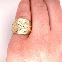 14k Yellow Gold Wide Heavy Diamond Band Ring Engraved Flowers (#J5439)