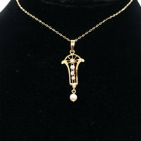 10k Yellow Gold Victorian Diamond and Pearl Lavaliere Pendant (#J5498)