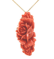 14k Yellow Gold Large Carved Genuine Natural Ox Blood Coral Pendant Roses #J6177