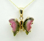 14k Yellow Gold Watermelon Genuine Natural Tourmaline Butterfly Pendant (#J5022)