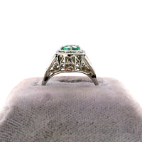 18k White Gold Art Deco Genuine Natural Emerald Filigree Ring (#J5650)