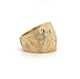 14k Yellow Gold Wide Heavy Diamond Band Ring Engraved Flowers (#J5439)