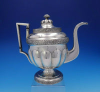 Geoff Coin Silver Tea Pot with Band of Embossed Grapes Leaves 10" Tall (#3777)