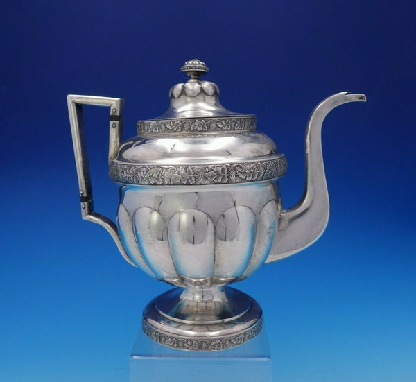 Geoff Coin Silver Tea Pot with Band of Embossed Grapes Leaves 10" Tall (#3777)