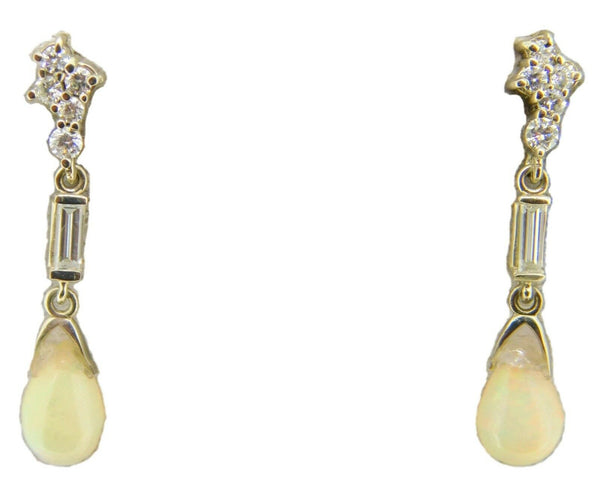 14k Gold Briolette Genuine Natural Opal Earrings with Twelve Diamonds (#J4079)