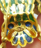 18K Gold Plique-A-Jour Owl Brooch w/Genuine Natural Sapphires & Emerald (#J1724)