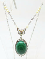 10K Gold Art Deco Malachite Necklace with Seed Pearls (#J3172)