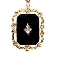 10k Yellow Gold Vintage Genuine Natural Black Onyx and Diamond Pendant (#J5637)