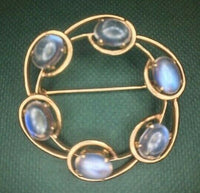 14k Yellow Gold Round Circle Genuine Natural Moonstone Pin w/Blue Flash (#J4559)