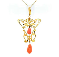 14k Yellow Gold Coral Briolette Victorian Lavaliere Necklace (#J5501)