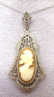 Art Deco 10k White Gold Filigree Genuine Natural Shell Cameo Pendant (#J3547)