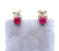 Vintage 14k Yellow Gold Synthetic Ruby and Diamond Earrings (#J5142)