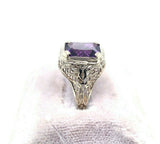 14k White Gold Art Deco Filigree 2.87ct Genuine Natural Amethyst Ring (#J5334)