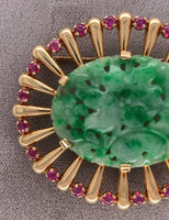 14k Yellow Gold Retro Jadeite Jade and Ruby Pin with GIA Report (#J5665)