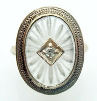 14k Gold Art Deco Filigree Genuine Natural Rock Crystal Ring w/Diamond (#J2861)