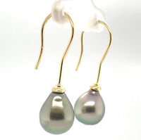 18k Yellow Gold 10mm Tahitian Silver Pearl Drop Earrings Jewelry (#J6120)