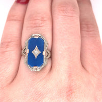 14k White Gold Blue Onyx Filigree Ring with Diamond Jewelry (#J5709)