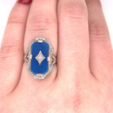 14k White Gold Blue Onyx Filigree Ring with Diamond Jewelry (#J5709)