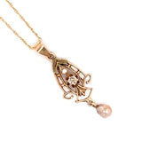 10k Yellow Gold Diamond and Pearl Lavaliere Pendant (#J4819)