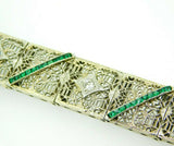 14k White Gold Filigree Diamond Bracelet Double Wide Synthetic Emeralds (#J4503)