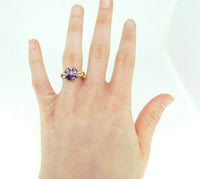 14k Yellow Gold Genuine Natural Amethyst and Diamond Heart Clover Ring (#J5008)