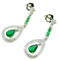 18k Gold Deco Style Genuine Natural Emerald and Diamond Drop Earrings (#J4716)