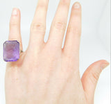 18k White Gold Art Deco Large Genuine Natural Amethyst Cameo Ring (#J4288)