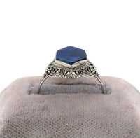 10k White Gold Art Deco Genuine Natural Black Opal Filigree Ring (#J5667)