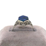 10k White Gold Art Deco Genuine Natural Black Opal Filigree Ring (#J5667)
