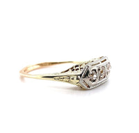 14k Gold Art Deco Genuine Natural Diamond Three Stone Filigree Ring (#J5586)