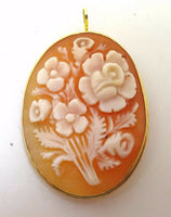 18k Gold Oval Genuine Shell Cameo Pin / Pendant w/Floral Bouquet (#J3616)