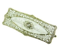 Deco 14k White Gold Filigree Genuine Natural Carved Rock Crystal Pin (#J4747)