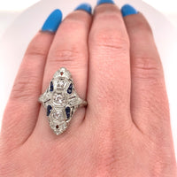 18k White Gold Art Deco Long Genuine Natural Diamond Filigree Ring (#J5584)